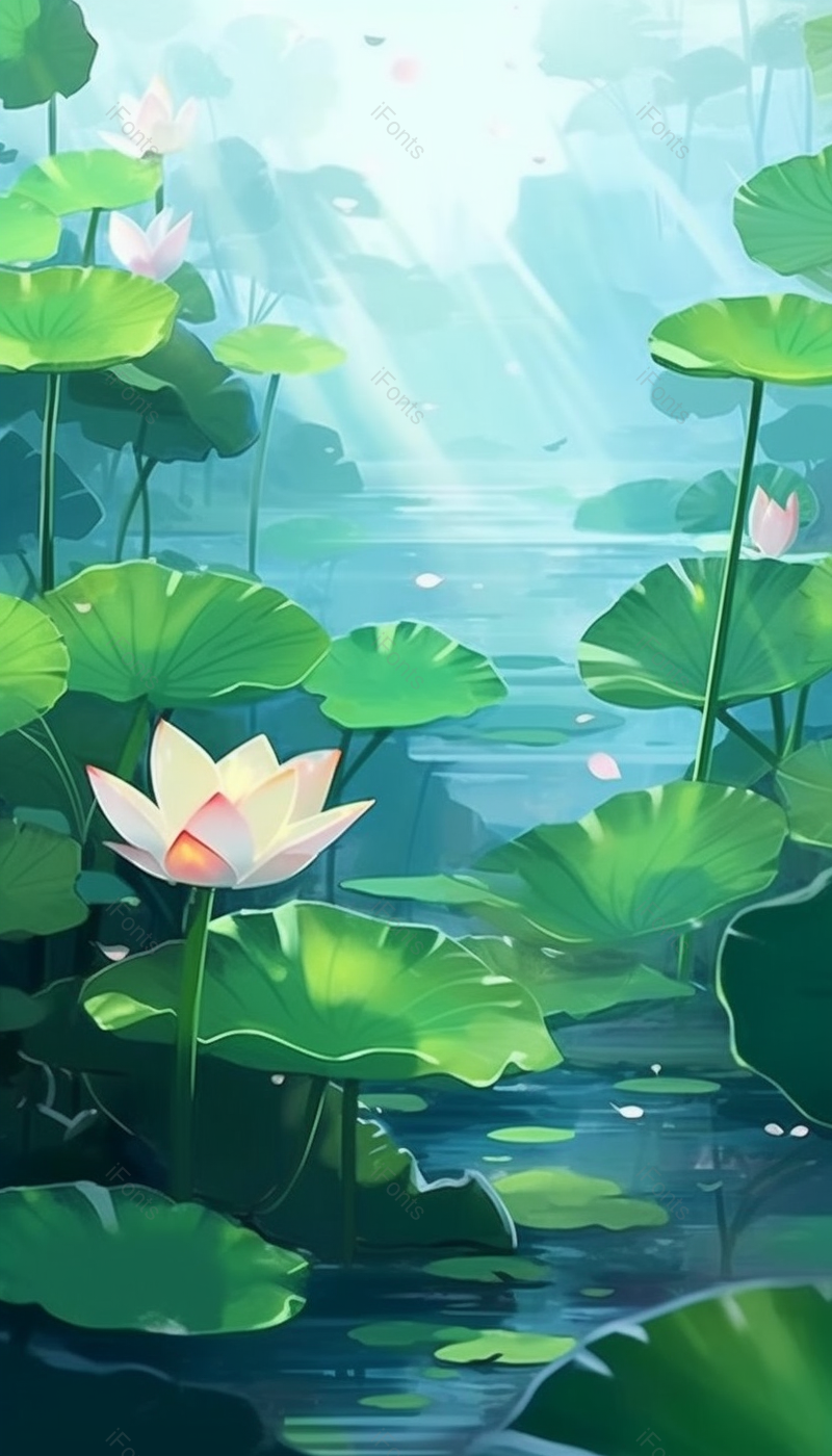 唯美治愈荷花荷叶绿色插画背景,插画/手绘图,插画/手绘图库,插画/手绘图下载,插画/手绘